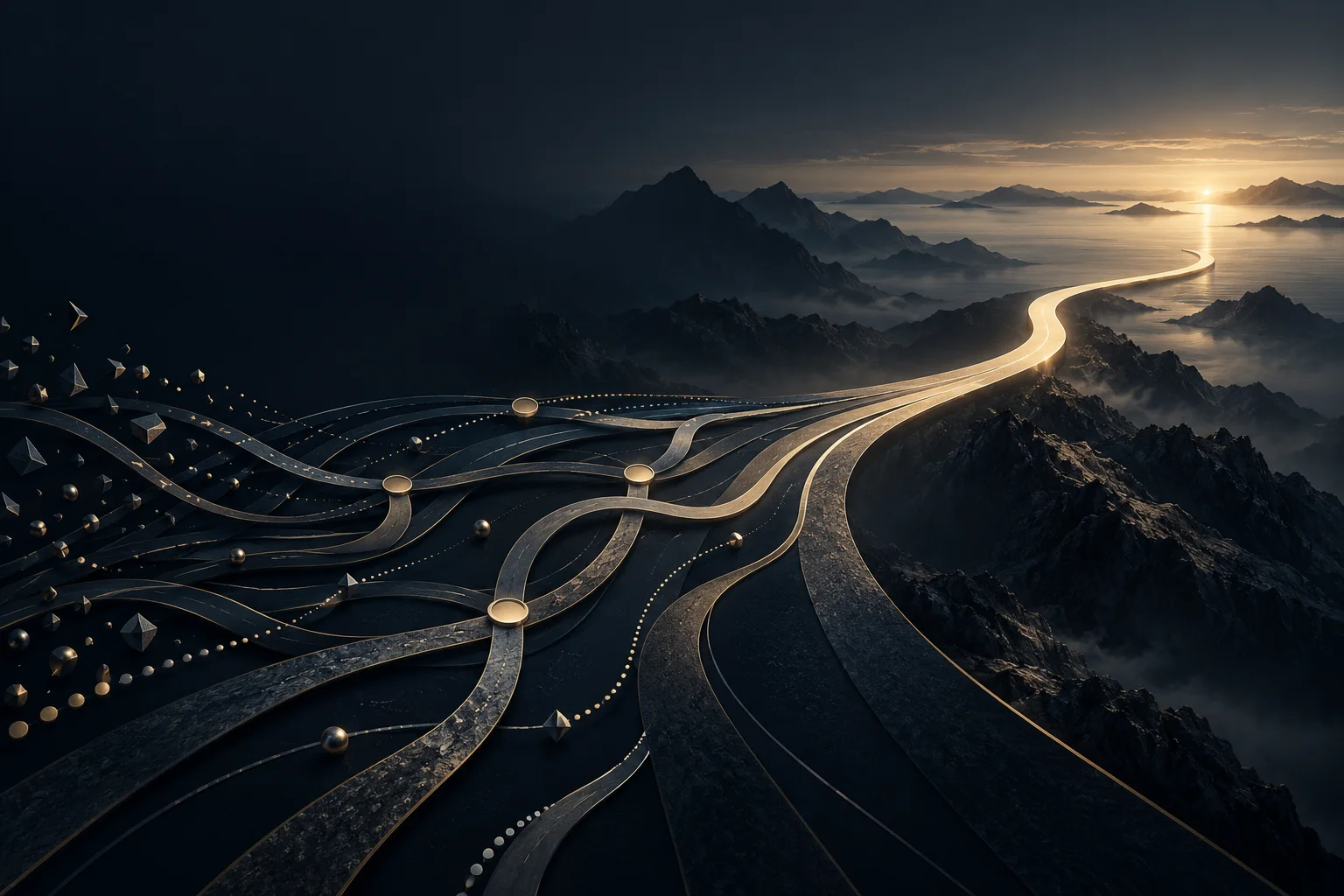 Multiple complex paths converging into one clear route toward a visible destination